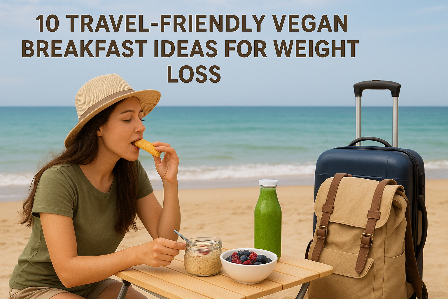 woman enjoying vegan breakfast by the beach with smoothie, oats, and berries travel-friendly healthy meal