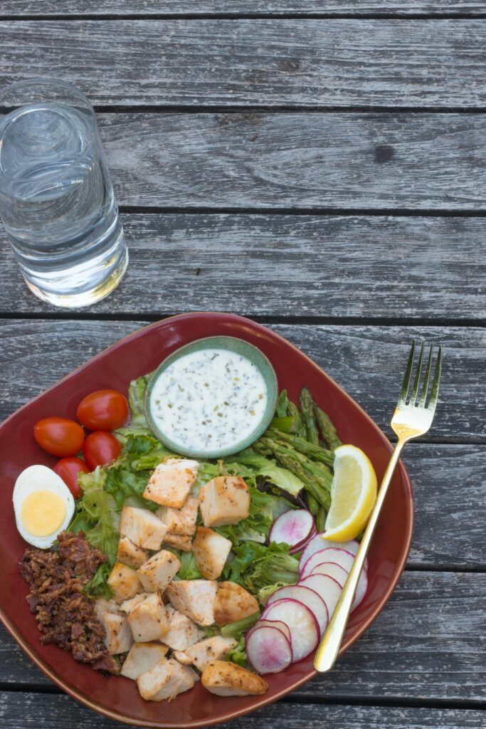“balanced diet plate showing portions of protein carbs and vegetables”