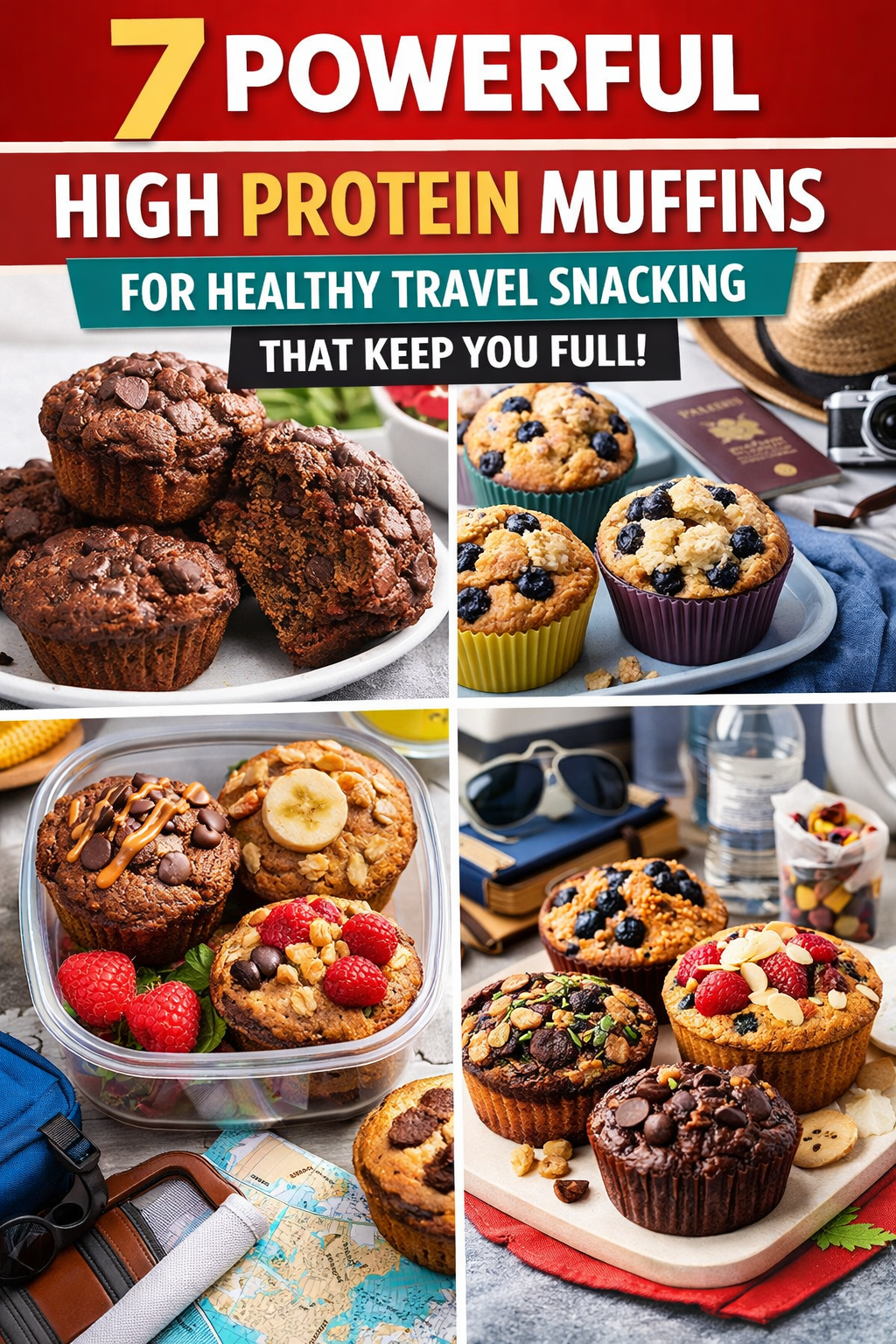 High protein muffins for healthy travel snacking arranged in a colorful collage with travel essentials